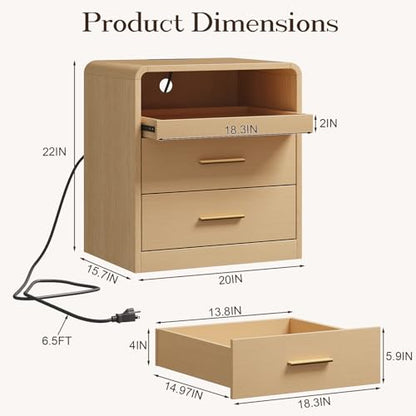 20” Wide Modern Nightstand with Charging Station,2 Drawer End Table with Pull-Out Shelf,Curved Profile Design,Wood Side Table for Bedroom