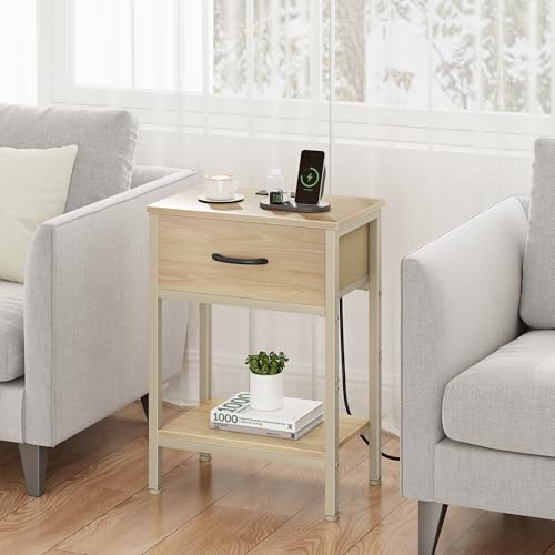 Vagusicc Nightstand with Charging Station, End Table with Fabric Drawer, Small Side Table with 2-Tier Storage Shelves, 25.4" Tall Night Stand, Bedside Table for Bedroom, Living Room, Dorm, Natural - color: Natural (1 Pack)