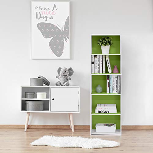 Furinno LUDER Book Shelf, 5-Tier Bookshelf, Bookcase with Open Shelves, 9.4 x 15.8 x 52, Easy Assembly, for Living Room, Bedroom, Home Office, White/Green - color: White/Green, size: 5-Tier