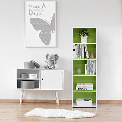 Furinno LUDER Book Shelf, 5-Tier Bookshelf, Bookcase with Open Shelves, 9.4 x 15.8 x 52, Easy Assembly, for Living Room, Bedroom, Home Office, White/Green - color: White/Green, size: 5-Tier