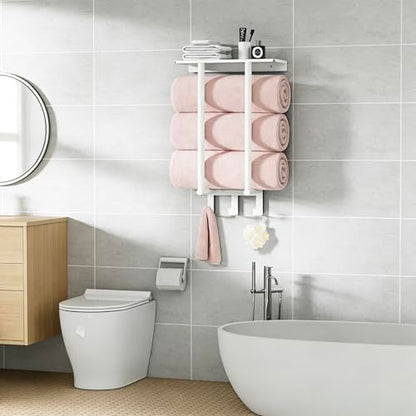 Towel Rack with Shelf and 3 Hooks, Bethom Towel Holders for Bathroom Wall Mounted, Metal White Towel Racks can Hold 3 Large Bath Sheets Blanket - color: White, size: Round Tube