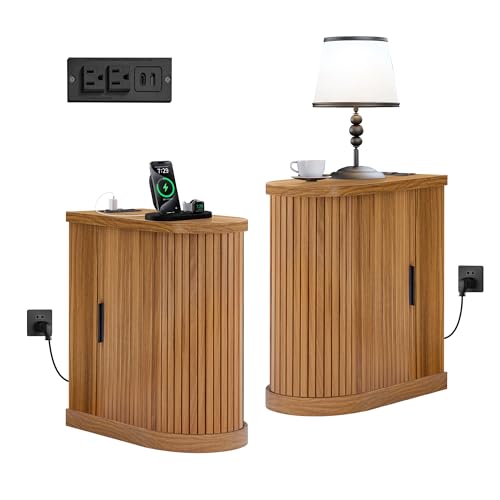 Small End Table, Narrow Side Table, Skinny Nightstand with Charging Station, Mid-Century Modern Curved Fluted Bedside Table with Door and Shelf for Small Spaces,Living Room, Bedroom, Walnut, Set 2 - style: Mid-Century Modern-2PC