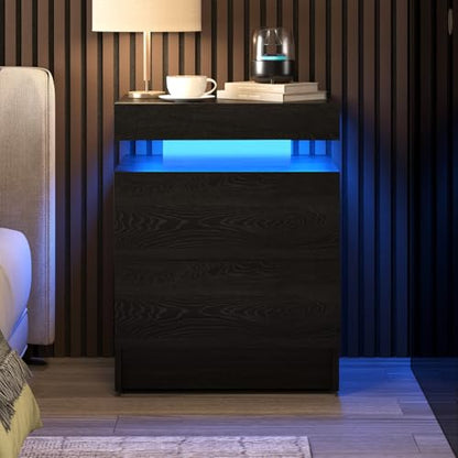 LED Nightstand, Modern Black Night Stand End Tables with APP & Remote Control LED Lighting, 2 Drawers, Open Shelf Storage, Bedside Tables for Bedroom & Living Room