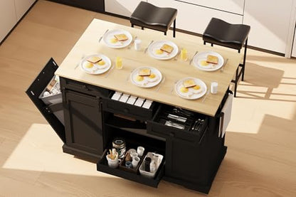 Garvee 54" Kitchen Island with Drop Leaf & Power Outlet, Black | Large Rolling Cart with Trash Cabinet, 2 Sliding Barn Doors, 3 Drawers Mobile Island Table with Spice Rack & Towel Rack - color: Black