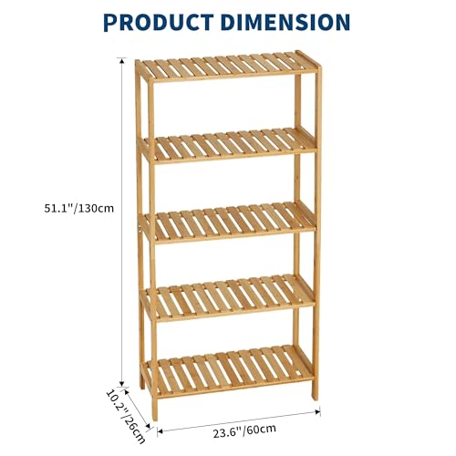 IDEALHOUSE Bamboo Storage Shelf, 5-Tier Freestanding Bathroom Organizer, Narrow Corner Shelving Unit for Entryway, Bathroom, Living Room, Balcony, Kitchen, Natural Bamboo, Widen-Wood
