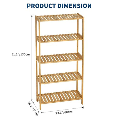 IDEALHOUSE Bamboo Storage Shelf, 5-Tier Freestanding Bathroom Organizer, Narrow Corner Shelving Unit for Entryway, Bathroom, Living Room, Balcony, Kitchen, Natural Bamboo, Widen-Wood
