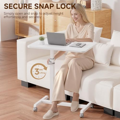 GTPLAYER Small Standing Desk, 24 Inches Foldable Mobile Rolling Laptop PC Table with Lockable Casters, Adjustable Height Overbed Bedside Table Computer Workstation for Home Office, White-Foldable - color: White-foldable