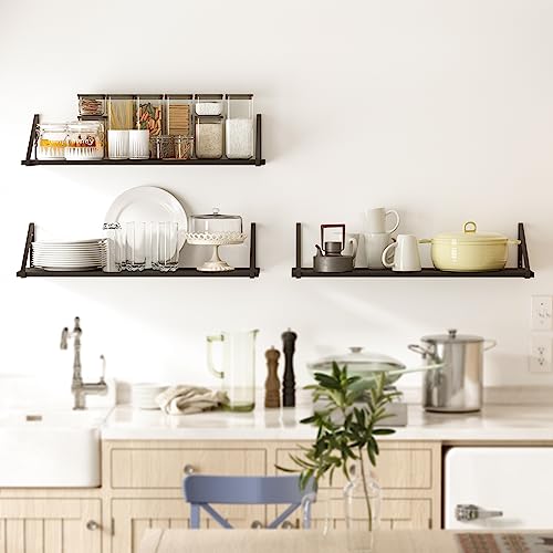 BAMEOS 24X8 Floating Shelves Rustic Wood Wall Shelf Set of 3,Bookshelf for Living Room, Office, and Bedroom, with Metal Bracket… - style: 3 pack Black 24"W 8"D