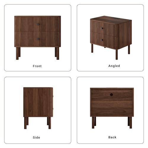 23" Fluted Nightstand with Soft Rounded Drawer Fronts & Solid Wood Cylindrical Legs, 2 Drawer Walnut Night Stand with Charging Station, End Table w/Metal Knobs, Bedside Table for Bedroom - color: Walnut - Rounded Drawer, size: 23"W