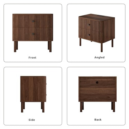 23" Fluted Nightstand with Soft Rounded Drawer Fronts & Solid Wood Cylindrical Legs, 2 Drawer Walnut Night Stand with Charging Station, End Table w/Metal Knobs, Bedside Table for Bedroom - color: Walnut - Rounded Drawer, size: 23"W