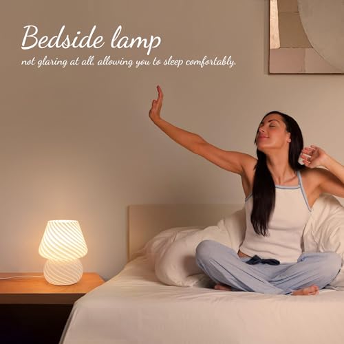 ONEWISH Mushroom Lamps Set of 2 - Small Bedside Table Lamp with Striped Glass, Nightstand Lamp for Bedroom, Living Room, Bulb Included(White) - color: Not-dimmable-‎white-2packs