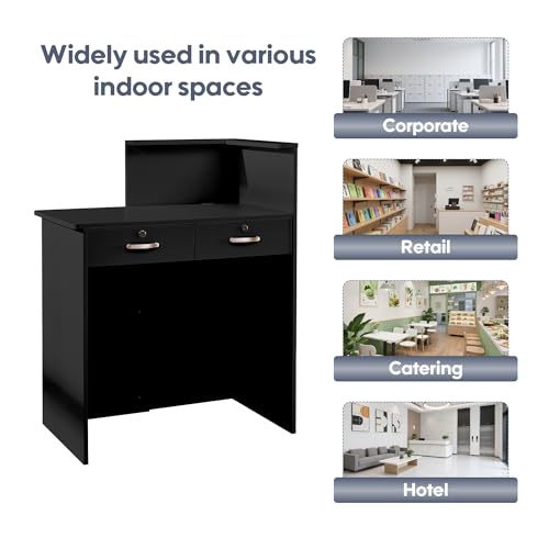 Reception Desk with Counter,Small Front Desk with Two Lockable Drawers,Cable Management Holes,Counter Table for Salon Lobby Office Home (Black) - color: Black