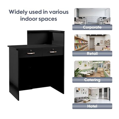 Reception Desk with Counter,Small Front Desk with Two Lockable Drawers,Cable Management Holes,Counter Table for Salon Lobby Office Home (Black) - color: Black