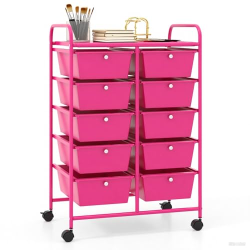 GLACER 10 Drawer Rolling Cart, Storage Cart with Lockable Whieels & Metal Frame, Trolley for Art Craft Oganizer, Mobile Utility Cart for Office, School, Classroom, Kitchen (Hot Pink) - color: Hot Pink, size: 10 Drawers (Big)