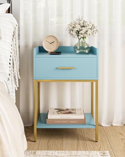 Nightstand,Modern Bedside Table Night Stand with Storage Drawer and Open Shelf,Small End Side Table for Bedroom,Living Room,Blue - color: Blue