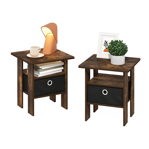 Furinno Andrey Set of 2 Square Side Table, End Table, Amber Pine | Open Shelves and Storage Bin, Square Modern Night Stand, Bedside Table, for Living Room, Bedroom - color: Amber Pine/Black, size: 2-Pack, Center Bin
