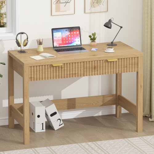 YOMILUVE Fluted Computer Desk with 2 Drawers, 39 Inch Small Computer Desk with Storage, Compact Writing Study Desk for Small Spaces - color: Oak
