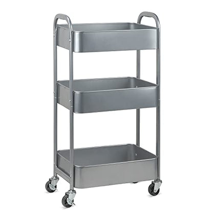 MAX Houser 3-Tier Rolling Utility Cart with Caster Wheels,Easy Assembly, for Kitchen, Bathroom (Silvery-Grey) - color: Silvery-grey, size: 3-Tier Standard Cart