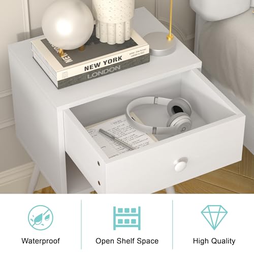 VECELO Nightstands Set of 2, Mid Century Modern End Bedside Table, Night Stand with Storage Drawer and 2 Tiers Open Shelf for Small Place, Bedroom, Living Room, Easy Assembly, Pure White - color: Pure White
