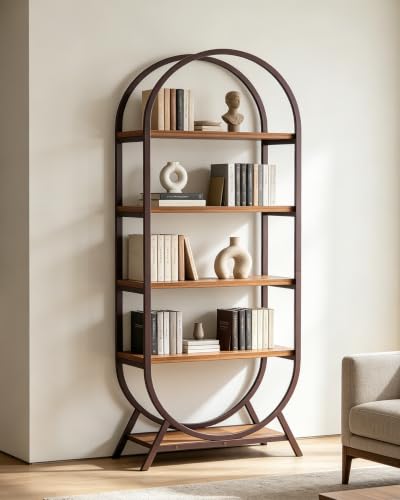 Bookshelf Arched Bookcase, 5 Tier Open Freestanding Display Shelf for Home Office, Living Room, Walnut - color: Walnut, size: 5 Tier Arched