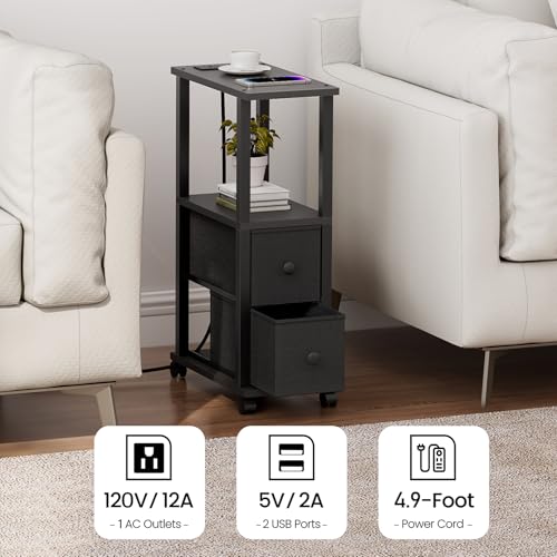 TUTOTAK Small Narrow End Tables, Side Tables with 2 Fabric Drawers, Set of 2, Bedside Tables with Charging Station for Small Spaces, Slim Nightstands with USB Ports and Wheels, TB01BK053 - color: Black, style: with Outlets