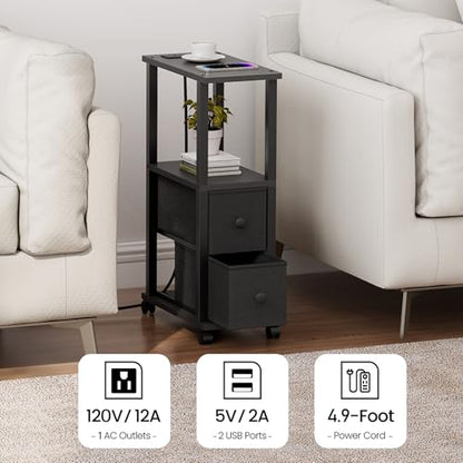 TUTOTAK Small Narrow End Tables, Side Tables with 2 Fabric Drawers, Set of 2, Bedside Tables with Charging Station for Small Spaces, Slim Nightstands with USB Ports and Wheels, TB01BK053 - color: Black, style: with Outlets