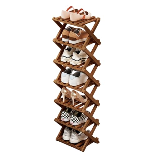Comeon Bamboo Shoe Rack, Foldable Vertical Shoe Rack for Front Door Entrance Narrow Shoe Organizer Small Shoe Shelf for Entryway Shoe Storage Closet Multi-Tier (Brown Colors,7 Layers) - size: 7 Layers