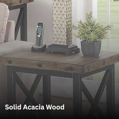 Flexsteel Craftsman Solid Acacia Wood End Table, Rustic Industrial with Lower Shelf, Hand Worked Metal Frame, Distressed Side Table Living Room Furniture, Farmhouse Nightstand (Light Brown)