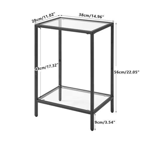 YMYNY Tempered Glass Side Table, 22.05H*14.96L*11.02W,Black, UHGD002B | 2 Tier end table, Storage Shelves, Narrow Bedside Table, For Small Space - color: Black