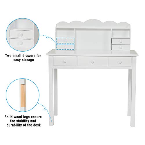 ADORNEVE White Home Office Desk with 7 Drawers and Hutch | Writing Desk, Student Desk Study Table, Small White Desks, Solid Pine Wood Legs - color: White, size: 36.2*19inch