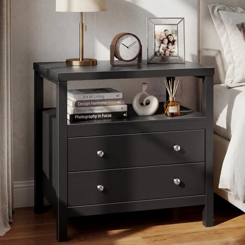 28 Inch Wide Night Stand, Black Nightstand with Open Shelf, 2 Drawers Bedside Table Storage End Tables for Bedroom Study Office, Modern Solid Wood Dresser with Zinnc Alloy Pulls