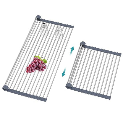 BBXTYLY Extra Large Expandable Roll Up Dish Drying Rack,Over The Sink Drying Rack Sink Cover Kitchen Sink Accessories Kitchen Rolling up Stainless Steel Drainer, Foldable,Rollable（Gray，22.8''-12.4''） - color: Gray, style: 16 tubes,expandable