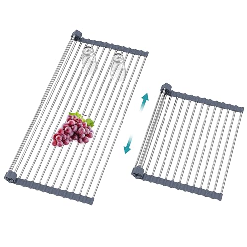 BBXTYLY Extra Large Expandable Roll Up Dish Drying Rack,Over The Sink Drying Rack Sink Cover Kitchen Sink Accessories Kitchen Rolling up Stainless Steel Drainer, Foldable,Rollable（Gray，22.8''-12.4''） - color: Gray, style: 16 tubes,expandable