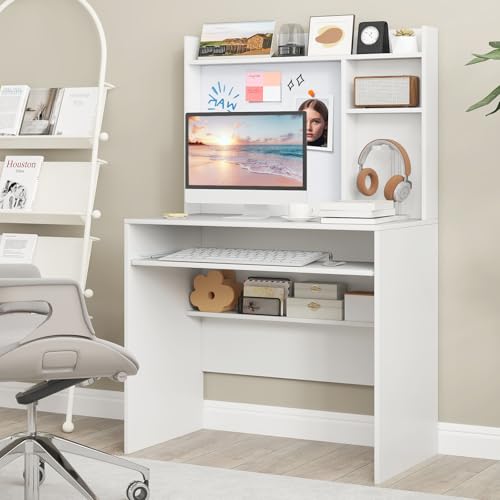 Tangkula Computer Desk with Hutch, Space Saving Laptop Desk with Magnetic Whiteboard, Keyboard Tray, Storage Shelves, Cable Holes, Home Office Desk with Bookshelf, Modern Writing Table (White)