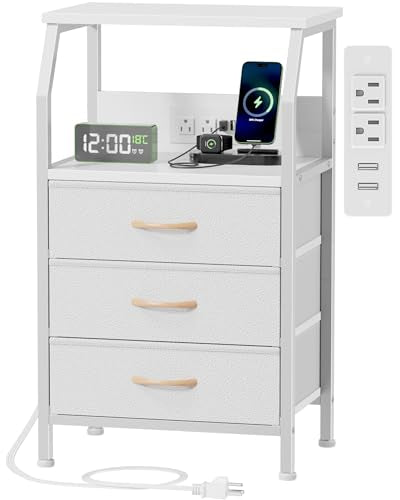 Furnulem Night Stand with Charging Station, 28.3 Inch Tall Bedside Table with PVC Drawers, End Table with USB Ports and Outlets, 3 Fabric Drawer Storage Nightstand for Bedroom, 3 Ways to Use, White - color: White, size: 3 Drawer