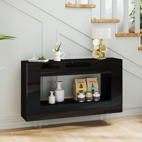 47" High Gloss Console Table with Hidden Side Storage Cabinets, Modern Black Entryway Sofa Table for Behind The Couch, Living Room - color: High Gloss-black
