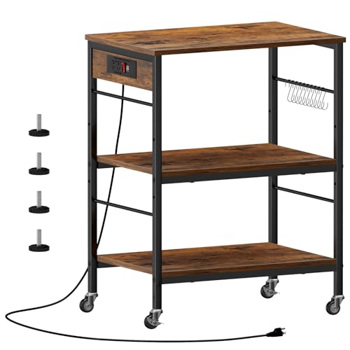 ETELI Bakers Rack with Power Outlet Microwave Stand Cart with Storage Coffee Station Table Cart on Wheels for Kitchen Living Room Bedroom, Rustic Brown - color: Brown