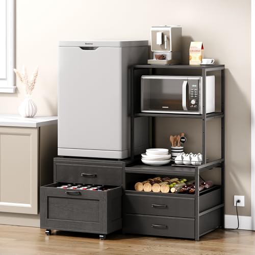 Herture Mini Fridge Stand with Wine Rack, Kitchen Bakers Rack with Power Outlet, Microwave Oven Stand, Coffee Bar, Movable Drawers, for Dorm,Office, Black HB04BXB - color: Black