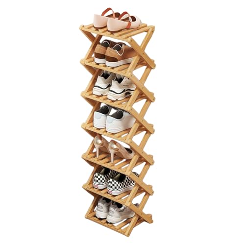 YYW Bamboo Shoe Rack for Entryway, Free Standing Shoe Racks Shelf Closet, Widen Foldable Vertical Shoe Storage Organizer for Living Room - color: Nature-7 Layers