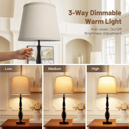 EppieBasic 22" Farmhouse Bedside Table Lamps Set of 2 with 3-Way Dimmable | with USB-C+A Charging Ports, Rustic Pull Chain Switch, Beige Linen Shade, for Bedroom, Living Room, Nightstand - style: XT-03