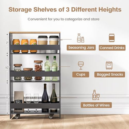 LOKO Slim Storage Cart, 4-Tier Rolling Cart with Handle & Wooden Top for Kitchen Bathroom Laundry Living Room Narrow Small Spaces, 5 Inches Width (Grey & Natural) - color: Grey & Natural