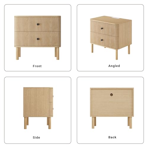 23" Fluted Nightstand with Soft Rounded Drawer Fronts & Solid Wood Cylindrical Legs, 2 Drawer Night Stand with Charging Station,End Table w/Metal Knobs,Bedside Table for Bedroom,Natural Oak - color: Natural Oak - Rounded Drawer, size: 23"W