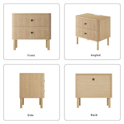 23" Fluted Nightstand with Soft Rounded Drawer Fronts & Solid Wood Cylindrical Legs, 2 Drawer Night Stand with Charging Station,End Table w/Metal Knobs,Bedside Table for Bedroom,Natural Oak - color: Natural Oak - Rounded Drawer, size: 23"W
