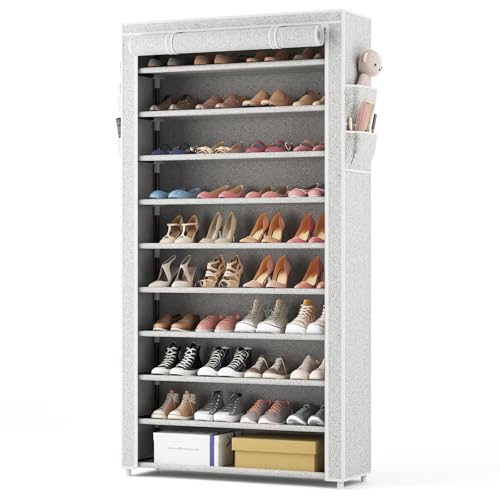 ROJASOP 10 Tier Shoe Rack with Covers Large Capacity Stackable Tall Shoe Shelf Storage for 50-55 Pairs Shoe and Boot, Sturdy Free Standing Shoe Rack Organizer for Closet, Entryway, Bedroom, Printing - color: Printing, size: 33.8"W - 10 Tier