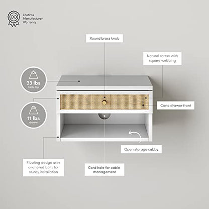 Nathan James Jackson Wall Mounted Rattan Floating Bedroom Nightstand with Storage Drawer and Modern Open Shelf Cubby, White/Rattan - color: White/Rattan, size: 1