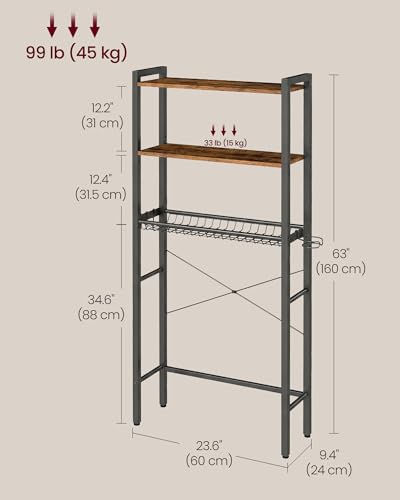 VASAGLE BARNET Collection - Over the Toilet Storage, Over Toilet Bathroom Organizer with Adjustable Shelves and Basket, 3 Hooks, Space Saving, 9.4 x 23.6 x 63 Inches, Rustic Brown UBTS113KD01S - color: Rustic Brown, style: 3 Tiers (63" H)