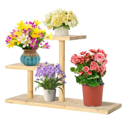 Desktop Plant Stand Indoor Bamboo Mini 3 Tiered Windowsill Shelf Desk Tabletop Shelf Holder Desk Organizer Display Rack for Outdoor Garden Balcony Patio