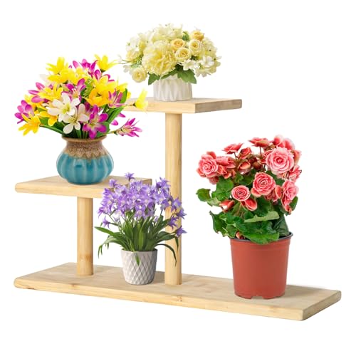 Desktop Plant Stand Indoor Bamboo Mini 3 Tiered Windowsill Shelf Desk Tabletop Shelf Holder Desk Organizer Display Rack for Outdoor Garden Balcony Patio