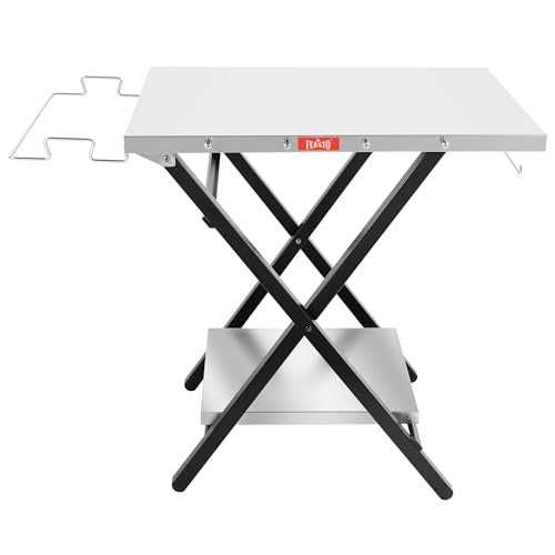 Feasto Outdoor Grill Table, Folding Prep Table, 30" x 24", Stainless Steel | with Garage Rack & Tissue Holder, Foldable Pizza Oven Stand & Griddle Stand for Gathering and Party - color: Silver