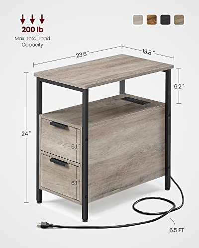 VASAGLE Side End Table with Charging Station, Slim Nightstand with 2 Drawers, Narrow Bedside Table for Living Room, Small Spaces, Heather Greige and Ink Black ULET321B02 - color: Heather Greige + Ink Black, size: 23.6"D x 13.8"W